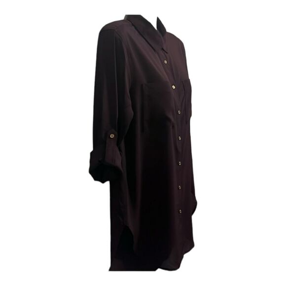 Calvin Klein Long Roll Tab Sleeve Button Front Crepe Blouse CK Eggplant Work Top - Picture 10 of 12